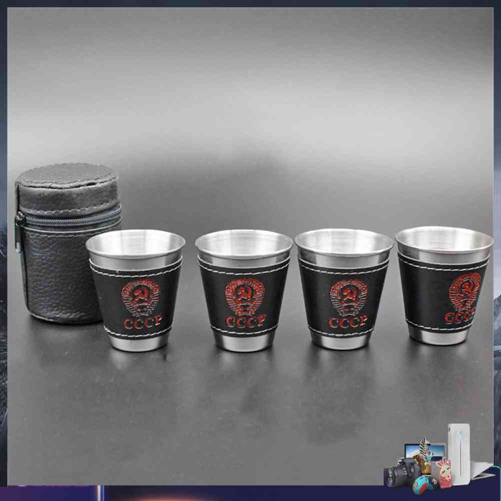 Set 4 Ly Uống Rượu Bằng Thép Không Gỉ 70ml Kèm Túi Da
