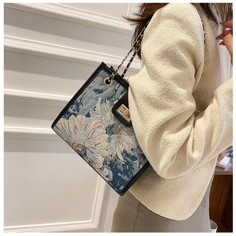 Túi đeo vai JASMIN NOIR vải canvas họa tiết hoa thiết kế vuông lớn hợp thời trang cho nữ