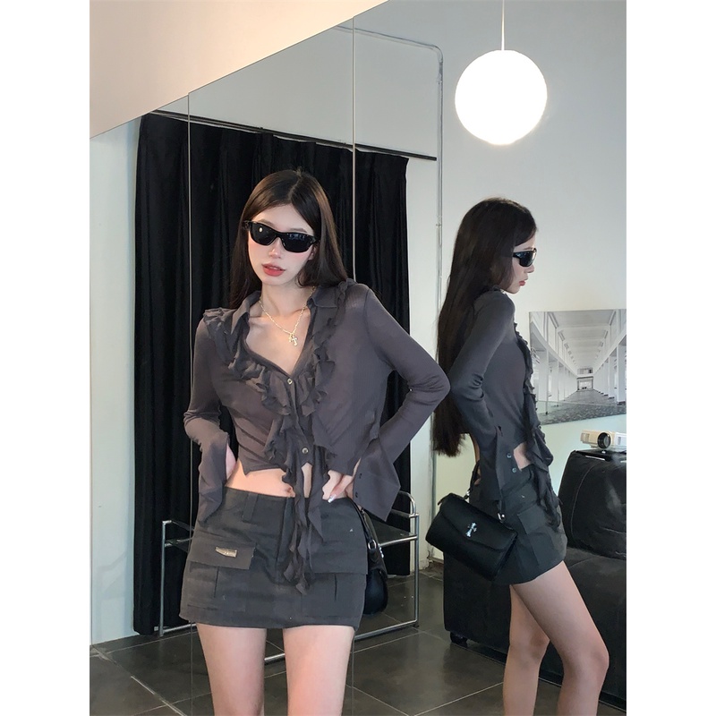 Porozi  Áo croptop dệt kim tay dài cổ chữ V phong cách Hàn Quốc thời trang cho nữ