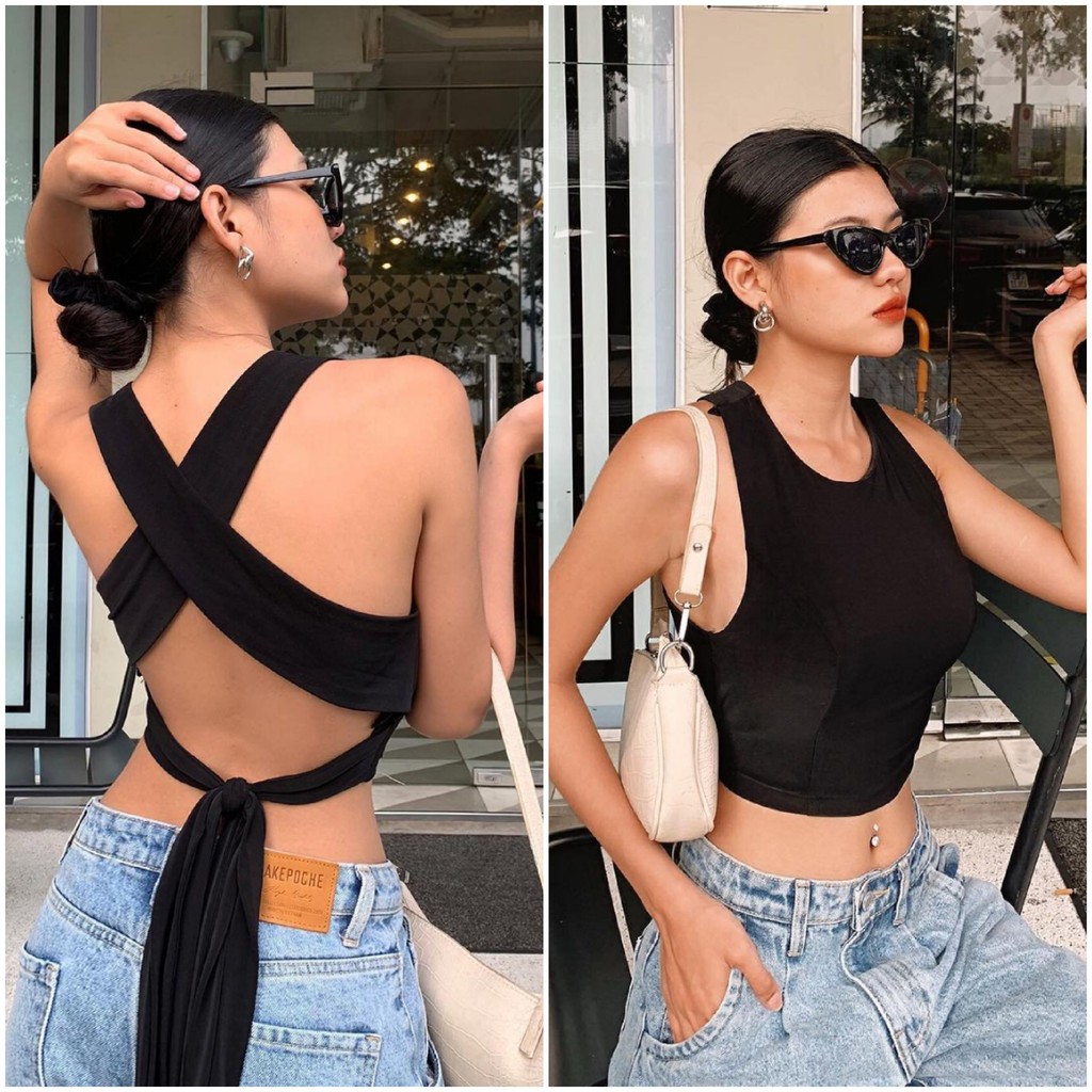 Áo croptop chéo lưng, thắt nơ, cổ tròn, sát nách mang lại vẻ ngoài trẻ trung, năng động, cá tính