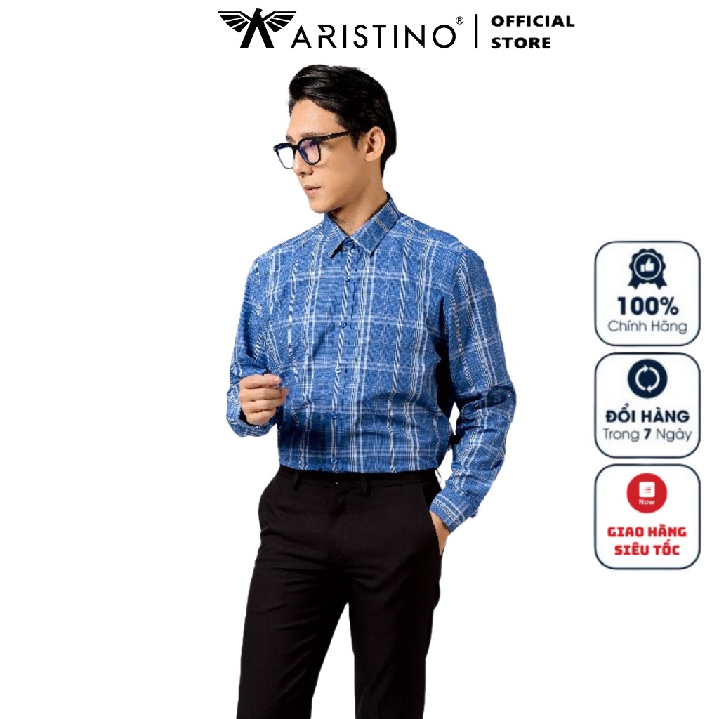 Áo Sơ Mi Nam Dài Tay ARISTINO ALS21101 Somi Công Sở Cao Cấp Màu Xanh Kẻ Trắng Chất Sợi Sồi Mềm Mát Dáng Suông Có Túi
