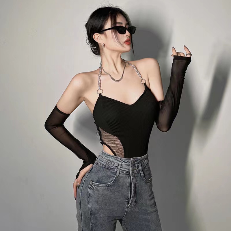 Jumpsuit Lưới Dây Xích + Áo Dệt Kim Chui Đầu Dáng Ôm Thời Trang Cho Bạn Gái