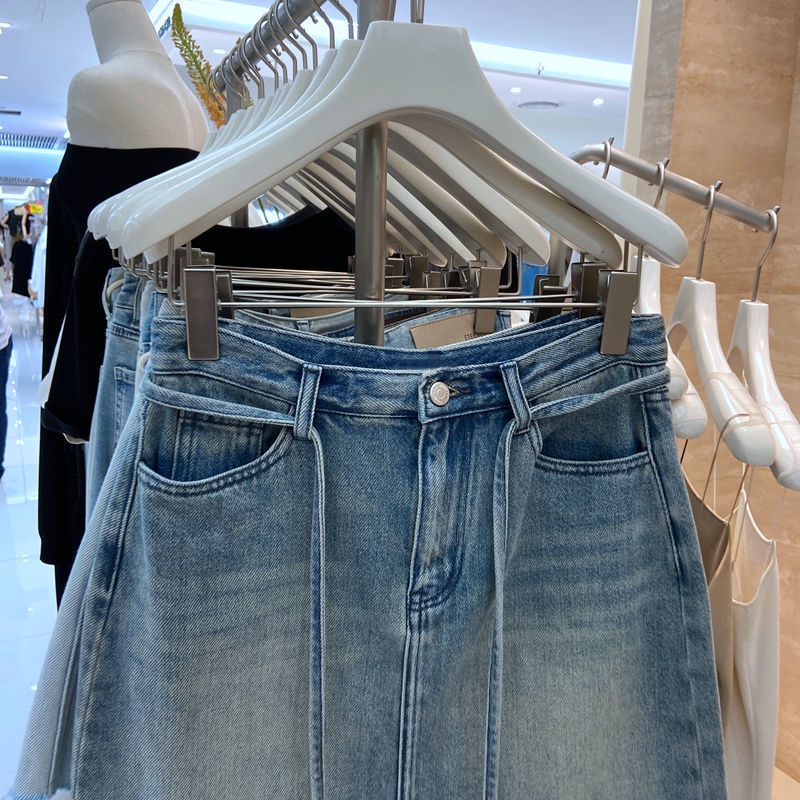 Jiashucheng Chân Váy Denim Chữ A Lưng Cao Thắt Dây Phong Cách Retro Mùa Hè Mỹ Hàng Mới 2023