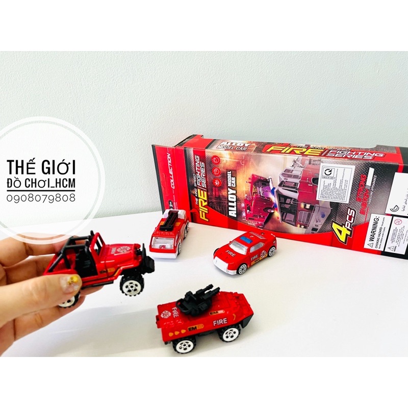 [KIM LOẠI-CAO CẤP] Đồ chơi hộp 4 chiếc xe cứu hoả bằng kim loại dành cho bé thích khám phá mô hình xe.