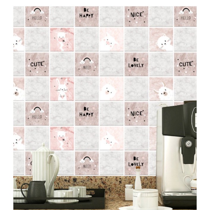Decal giấy dán bếp tráng nhôm cách nhiệt mẫu ô vuông hoạt hình khổ 60cm