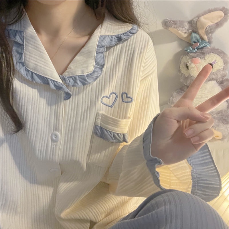 Bộ Đồ Ngủ Tay Dài Phối Bèo Phong Cách Nhật Bản Thời Trang Thu Đông Mới Cho Nữ - có túi đơn giản Neon074