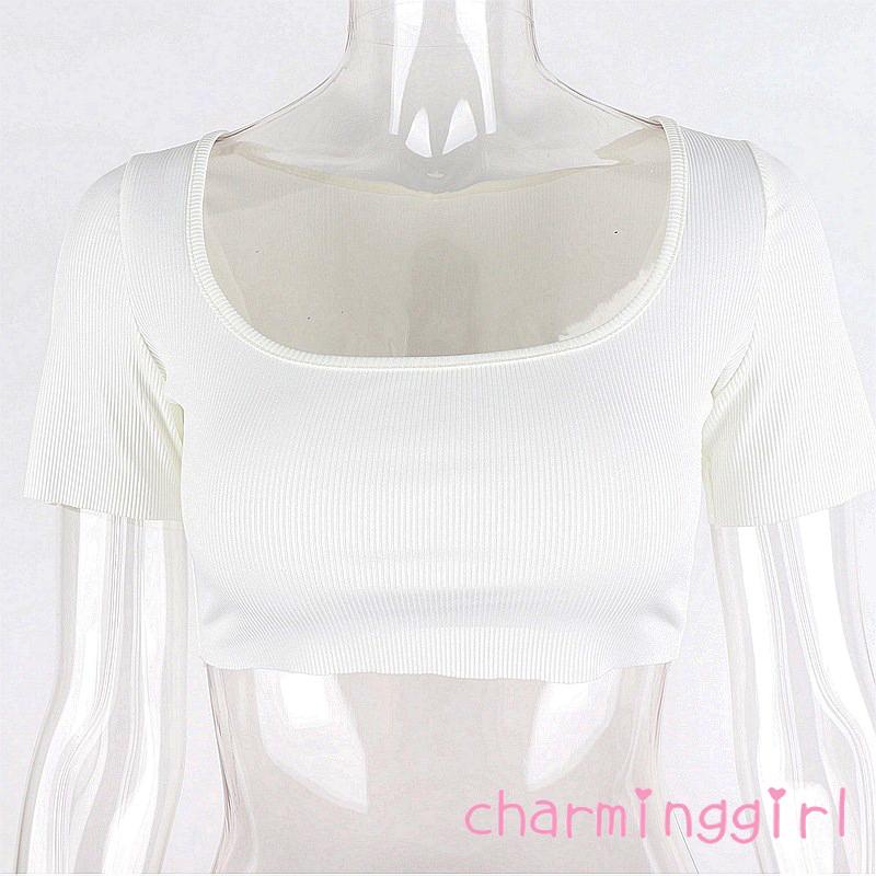 Áo thun tay ngắn cổ vuông màu sắc đơn giản dành cho nữ