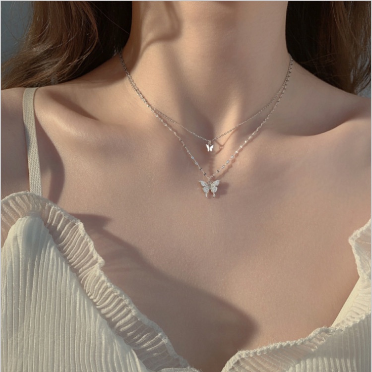 Vòng cổ Hai Lớp Mặt Hình Bướm Đính Đá zircon Thanh Lịch Nhẹ Nhàng Cho Nữ