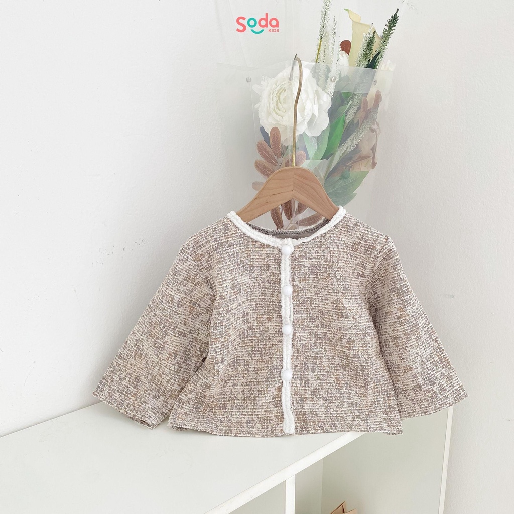 Áo khoác dạ tweed bé gái, thiết kế viền trắng cổ tròn, dạ mềm phong cách tiểu thư Hàn Quốc