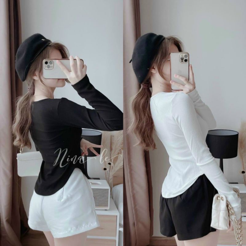 Áo thun tay dài cổ vuông vải len gân phôm chuẩn 👍