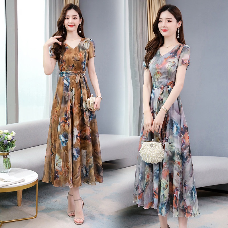 ☞〖Váy cổ điển của Pháp〗 Váy công chúa dài giả lụa in băng ~ váy xòe lớn cổ chữ V tay ngắn hoa đi biển