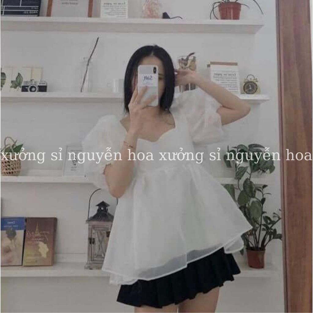 Áo babydoll voan nữ ngắn tay bồng cổ vuông, voan lụa trơn 2 lớp phong cách tiểu thư dễ thương Xưởng Sỉ Nguyễn Hoa