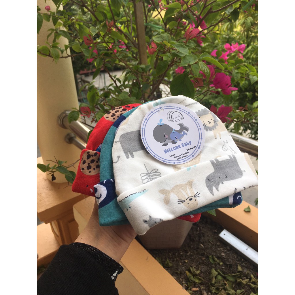 set 3 mũ cotton nỉ cho bé sơ sinh