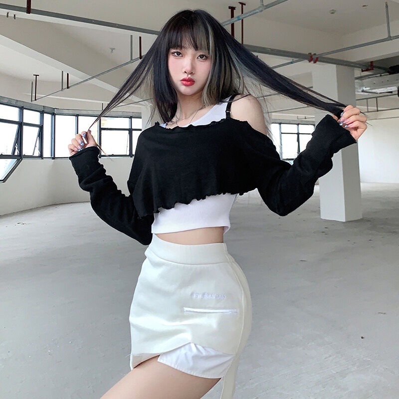 Kliou 2023 new Set áo thun tay dài trễ vai + áo hai dây KLIOU 2023 màu trơn thời trang cho nữ