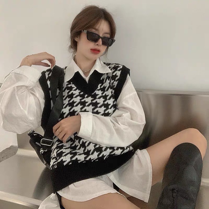 Áo gile nữ len cổ V không tay màu sắc vintage phong cách Hàn Quốc - Dolce