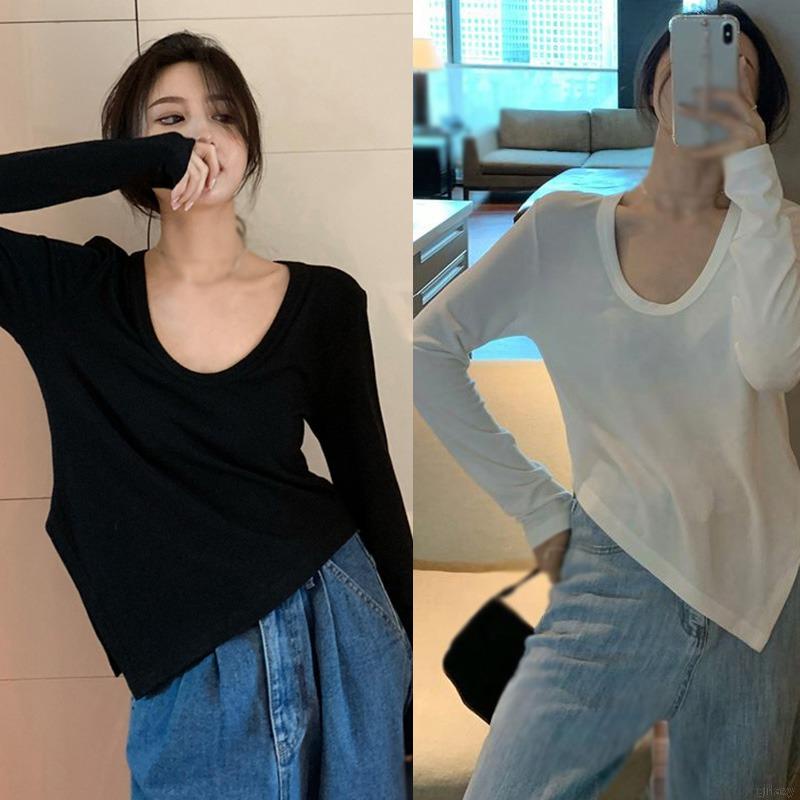 Áo Thun Tay Dài Cổ Tròn Dáng Rộng Màu Sắc Đơn Giản Phong Cách Hàn Quốc