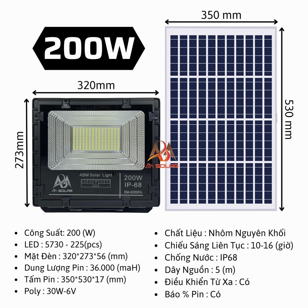 Đèn Năng Lượng Mặt Trời, Đèn Pha Chiếu Sáng Trong Nhà, Công Suất 200W, IP68 Chống Nước, Cao Cấp - ABM SOLAR