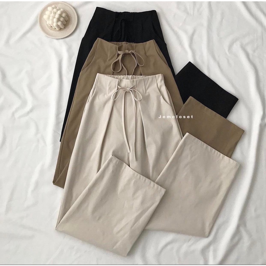 Quần kaki cạp viền phối nơ nữ - culottes suông trơn dáng rộng cạp chun rút dây thiết kế đơn giản