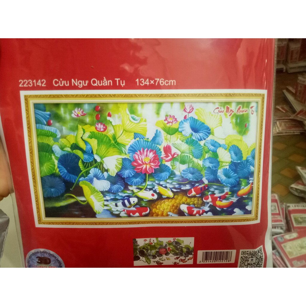 tranh thêu chữ thập cá chép hoa sen cữu ngư quần tụ kt 134x76cm dạng phôi mua về thêu