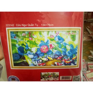 tranh thêu chữ thập nghệ thuật cá chép hoa sen cữu ngư quần tụ kt 134x76cm