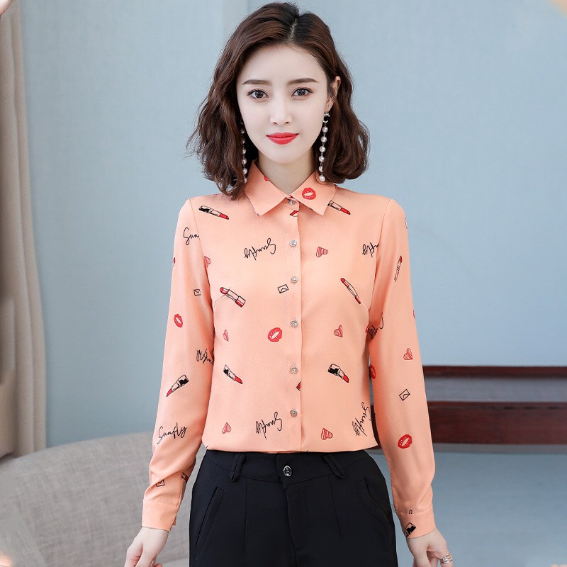 Áo Sơ Mi Công Sở Nữ Tay Dài Họa Tiết Son Môi Sang Trọng Chất Liệu Cao Cấp, Không Nhăn, Không Xù, Không Phai Màu