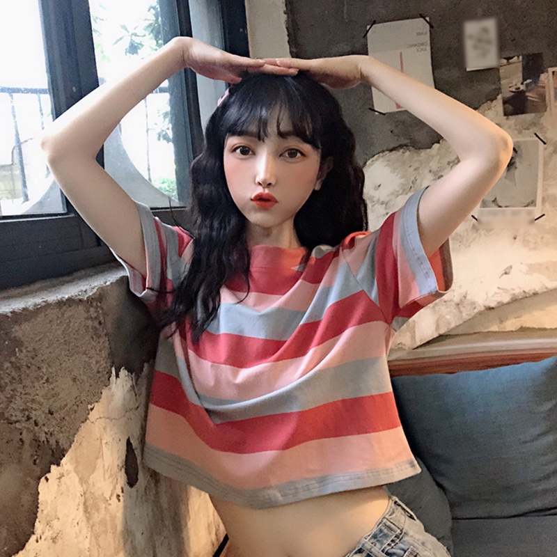 Áo Thun Crop Top Tay Ngắn Cổ Tròn Họa Tiết Sọc Cầu Vồng Nhiều Màu Sắc Phong Cách Harajuku Dành Cho Nữ