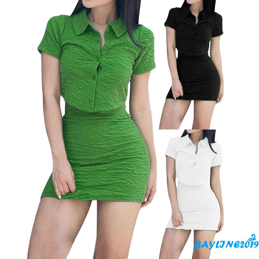 Set Đồ Mùa Hè 2 Món Gồm Áo Sơ Mi Cài Nút Tay Cộc + Chân Váy Màu Trơn Cho Nữ