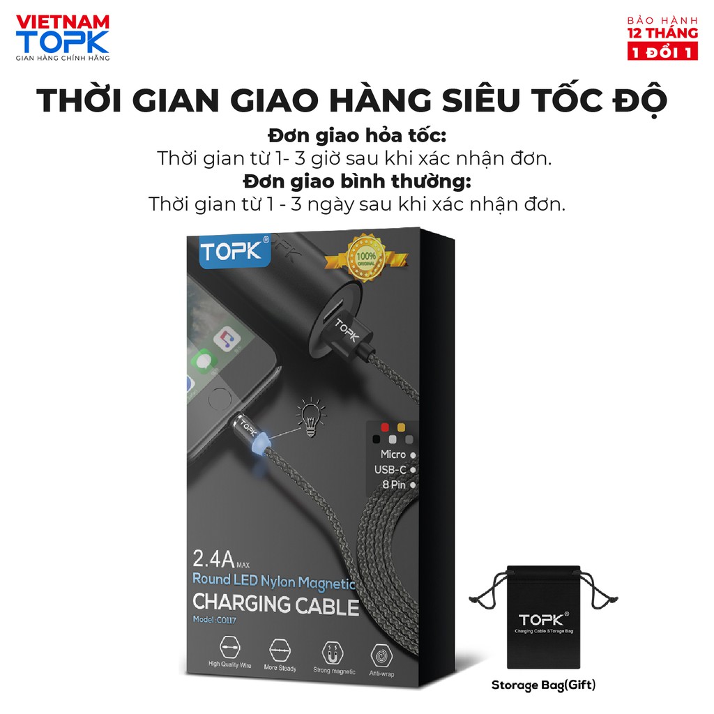 Dây sạc nam châm iPhone Type-C Micro USB TOPK AM23 - Vỏ bện nylon dài 1m - Đèn LED - Hàng chính hãng Bảo hành 12 tháng 1