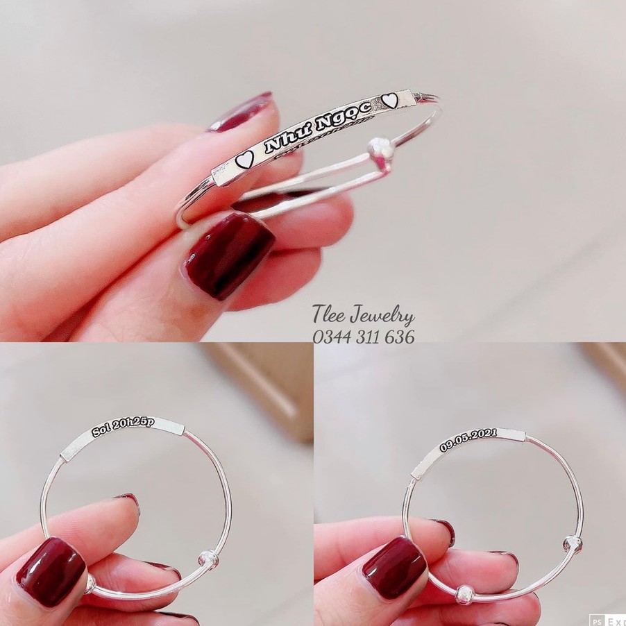 Vòng tay bạc Tlee, Kiềng cứng mặt bản vuông bạc 990 chỉnh size khắc laser Free theo yêu cầu- TleeJewelry