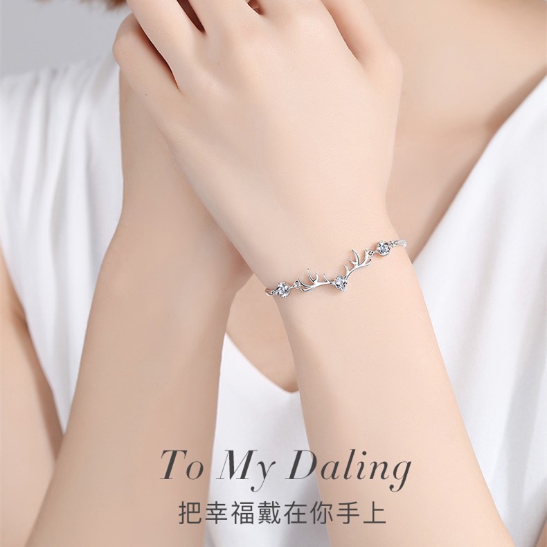 Vòng tay mạ bạc S925 gắn hình con nai đơn giản phong cách Hàn Quốc cho nữ