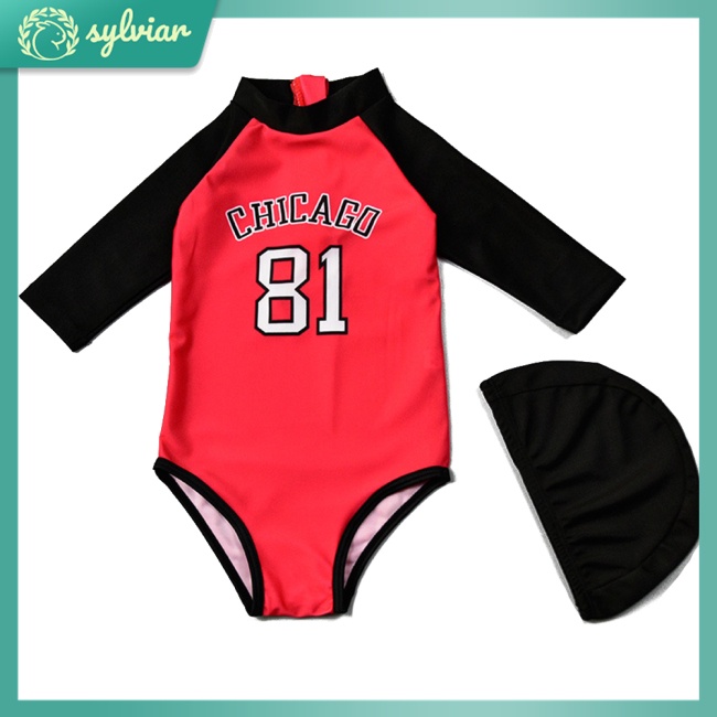 Bộ Đồ Bơi Một Mảnh Tay Dài Chống Nắng + Mũ Bơi Dành Cho Bé 2-7 Tuổi