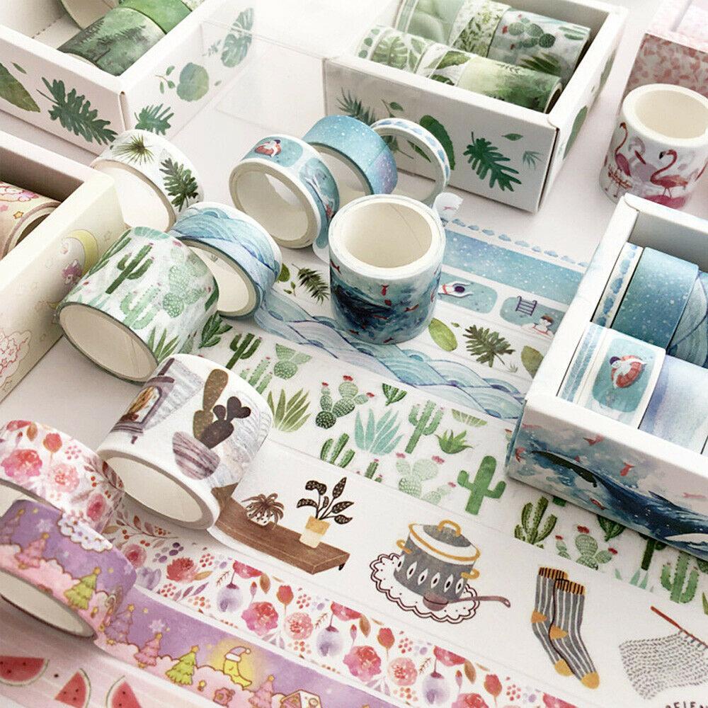 Set 8 Cuộn Băng Keo Giấy Washi Nhiều Màu Sắc In Họa Tiết Lá Cây Xương Rồng Trang Trí Sổ Tay Nhật Ký DIY