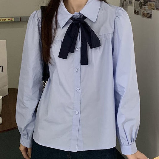Áo sơ mi màu trơn dài tay thắt nơ xinh xắn thời trang Hàn Quốc cho nữ