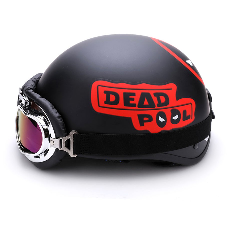 Mũ Bảo Hiểm Nửa Đầu 1/2 Deadpool Kèm Kính UV400 Hoặc Kính Phi Công - Mũ Nhựa ABS Độ Bền Cao BH 6 Tháng
