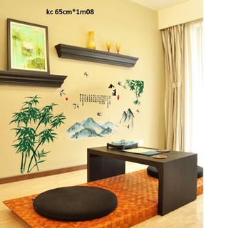 decal dán tường cây và núi