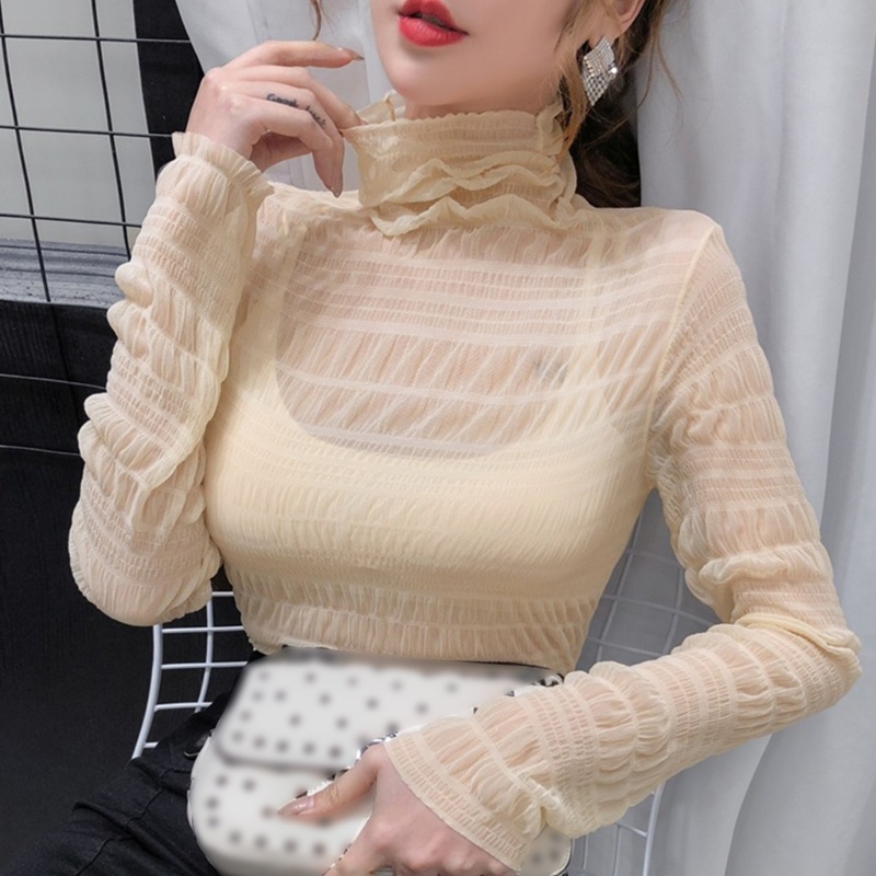 Áo Thun Dài Tay Cổ Lọ Phối Lưới Xuyên Thấu Thời Trang Cho Nữ