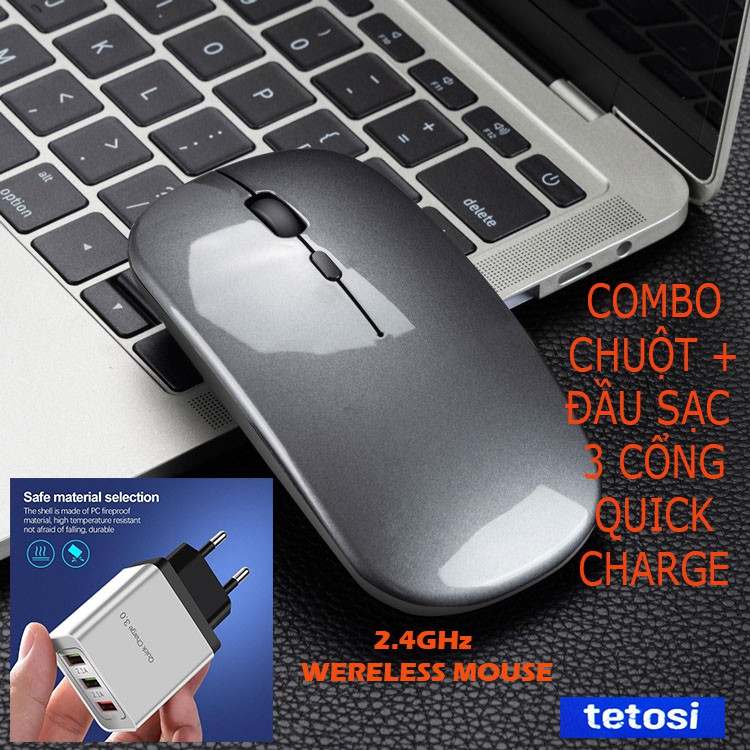 Combo Chuột Không Dây 2.4G M1 Và Cốc Sạc Có 3 Cổng USB, sạc nhanh, không âm thanh, không dung pin, nhỏ gọn, Tetosi