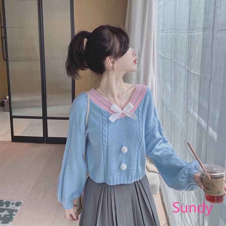 Áo Sweater Dáng Rộng Cổ Chữ V Phối Nơ Xinh Xắn Theo Phong Cách Mùa Thu