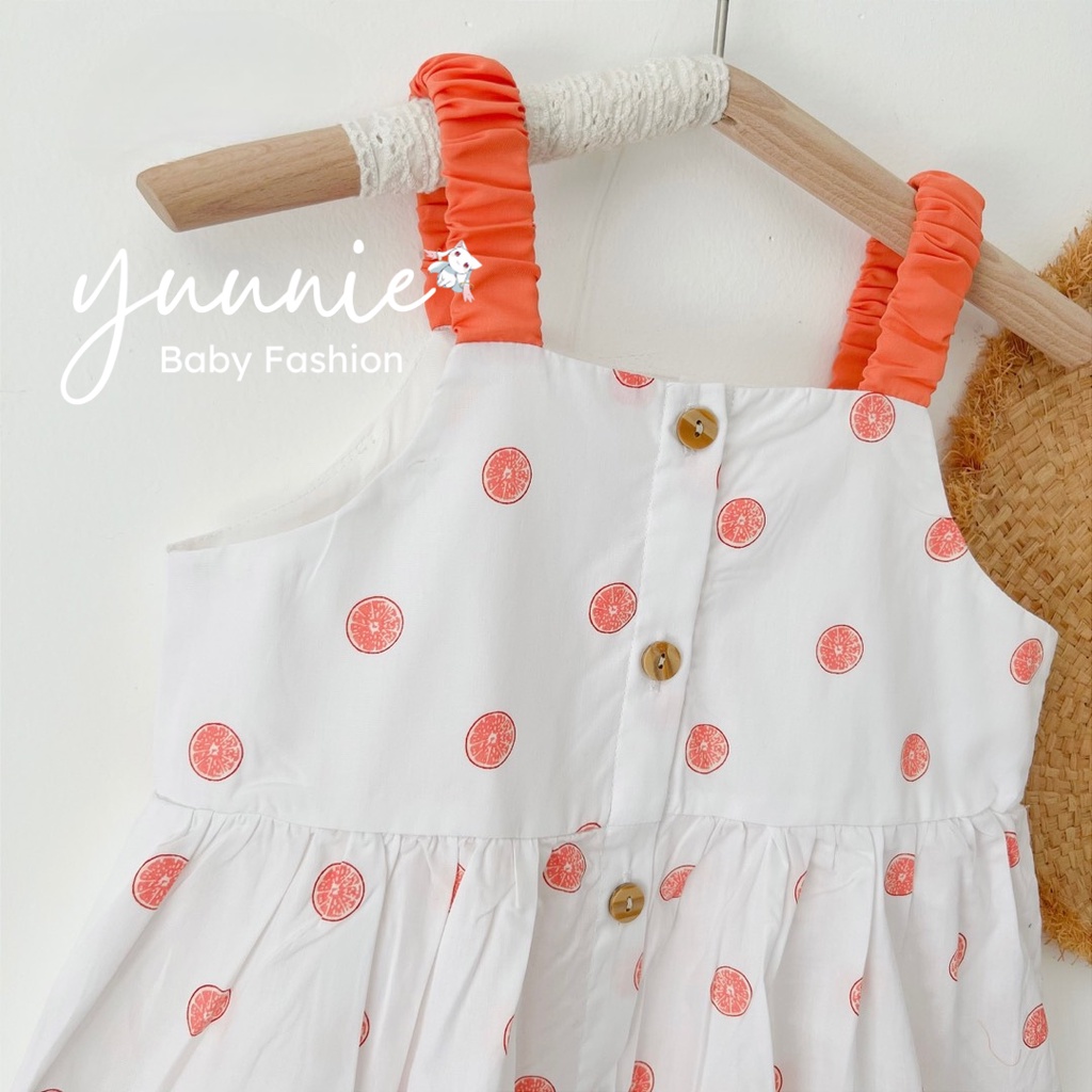 Váy bé gái YUUNIE trắng 2 dây bản vai túi viền cho trẻ em 3,4,5,6,7,8,9,10 tuổi