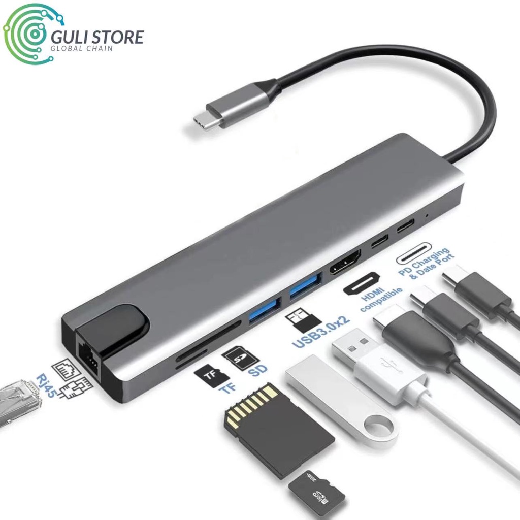 Đầu đọc thẻ nhớ USB C 3.1 sang 4K HDMI RJ45 USB SD/TF tốc độ nhanh 8 trong 1 cho MacBook Air Pro