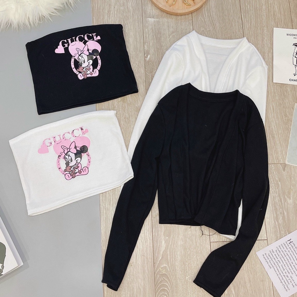 Set áo ống kèm áo khoác kimono hình chuột micky xinh N50