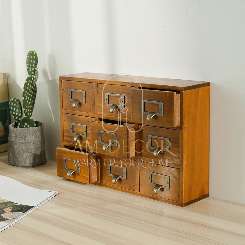 Tủ gỗ thông để bàn 9 ngăn kéo decor trang trí bàn học làm việc sang trọng - AM Decor
