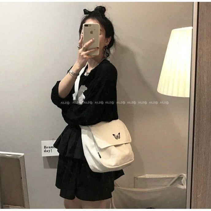 Túi Vải Unisex Đeo Chéo In Hình Bướm ButterFly Phong Cách Hàn Quốc - Túi Tote Chéo Vải Canvas 2 Màu Đen Trắng