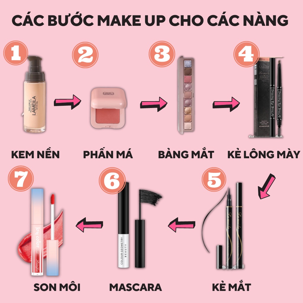 Bộ trang điểm đầy đủ 7 món LAMEILA trang điểm Kem Nền Phấn Phủ Phấn Mắt Mascara Kẻ Mày Kẻ Mắt Son