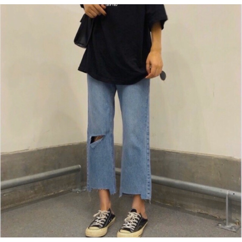 Quần Ống Rộng Rách Lai - Gối Ngang, Lưng Cao Qua Rốn - Bigsize 30-35 (58-83kg)