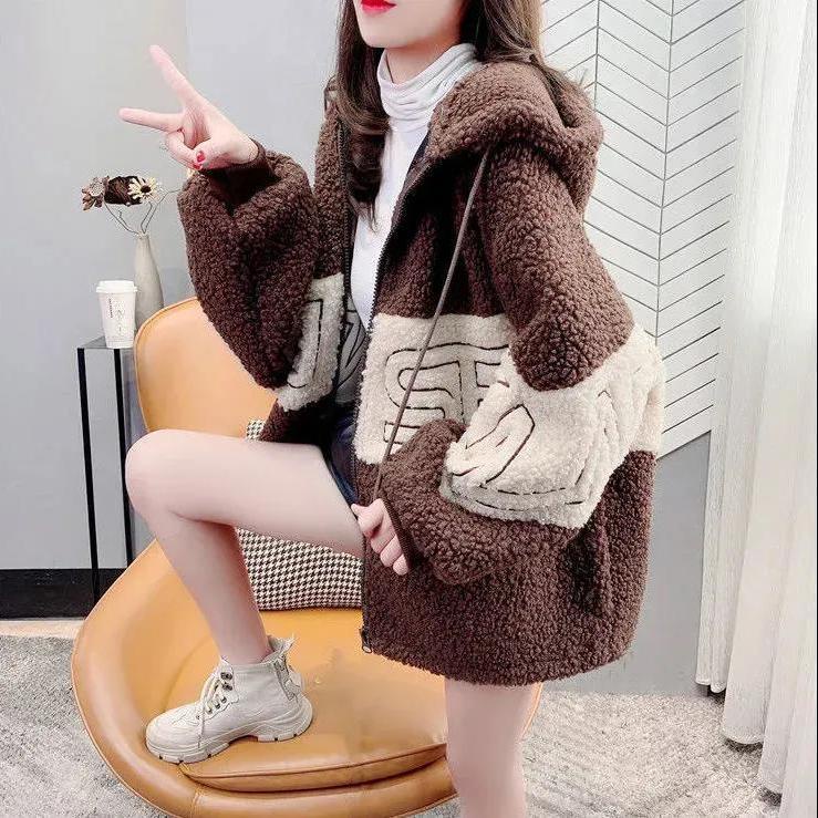 【Love Life】 Áo khoác lông cừu dày dáng rộng có mũ trùm đầu phong cách Hàn Quốc size lớn cho nữ