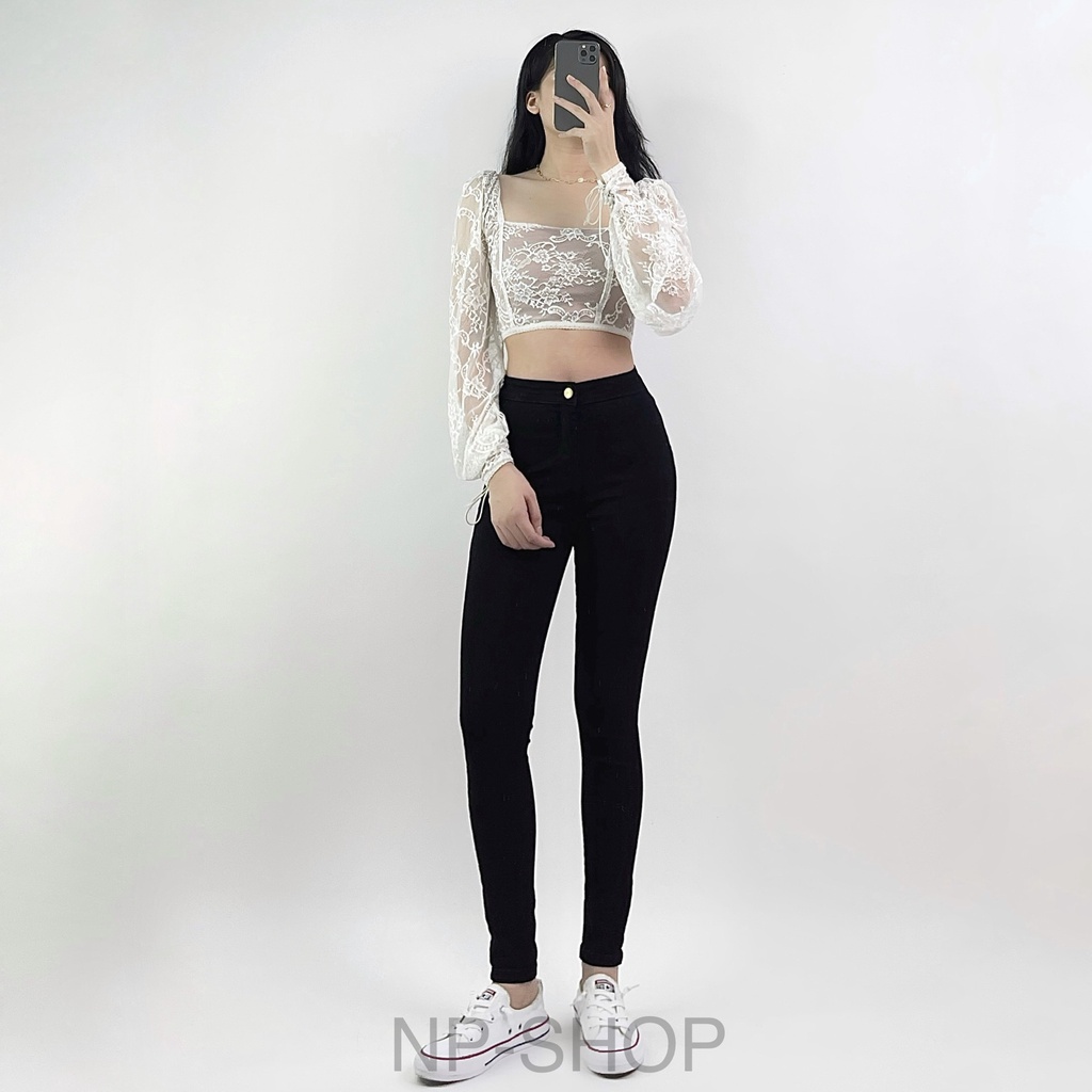 Quần jean nữ lưng cao màu Đen bigisze NPSHOP, quần bò ôm cạp cao co giãn skinny jeans basic