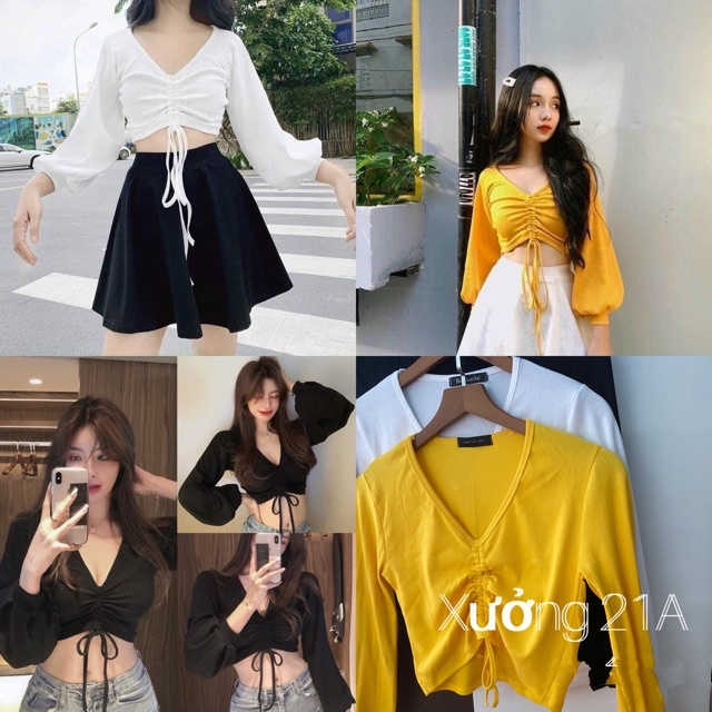 Áo CROPTOP rút dây ,áo thun tay dài bo phồng sang chảnh