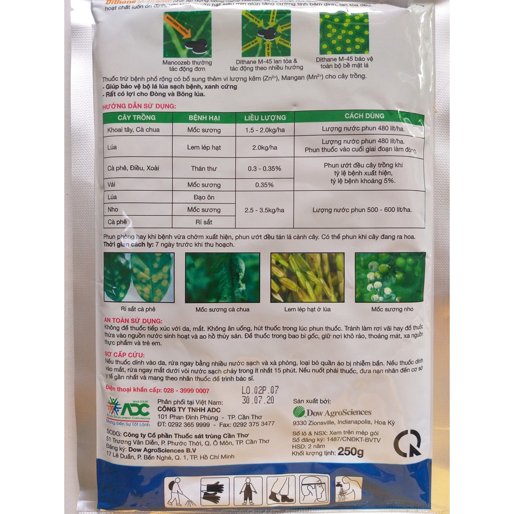 Thuốc trừ bệnh cây trồng phổ rộng Dithane M-45 - 80WP - 250gr