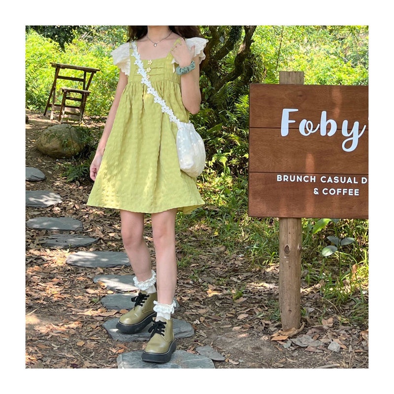 Đầm Chữ A Tay Cánh Tiên In Họa Tiết Hoa Cúc Nhỏ Phối Ren Màu Sắc Ngọt Ngào Dành Cho Nữ